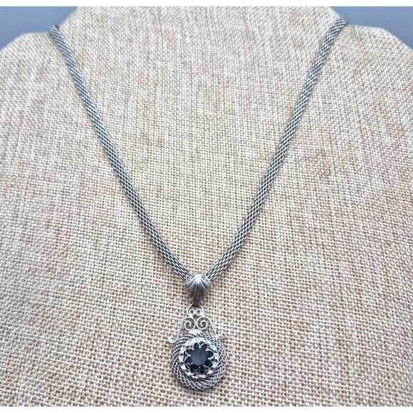 Fancy Vintage Silver Tone Mesh Chain Pendant Necklace Blue Glass Stone 18" - Picture 3 of 7
